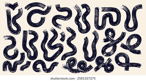 Set of vector squiggles, brush stroke doodles wavy lines. Drawn creative spirals and swirls for graphic design. Template abstract dynamic lines. Black bold vector curly dry brush strokes and dots.