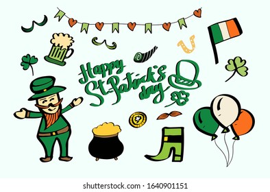 Set of vector St. Patrick's Day design elements and props for photo booths. And beautiful handwriting calligraphy, illustration - vector