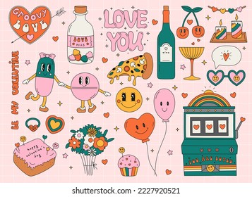 Set of vector St Valentine cartoon cliparts for postcard, invitation, poster. 14 of February groovy fun illustrations. Hearts, pills, slot machine, wine, flowers, emoji, letterung in funky 70s style