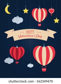 Set of vector St. Valentine's day illustration and typography elements. Clouds, balloons, moon, stars, ribbon, heart