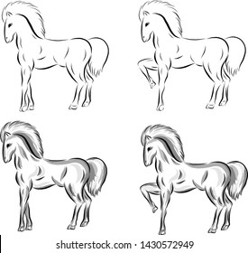 Set of vector stallions drawn in black lines and with shadows