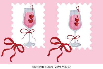 set of vector stamps with the design of various wine glasses with pink bows, Valentine's Day design, for web design, stickers, branding and decor