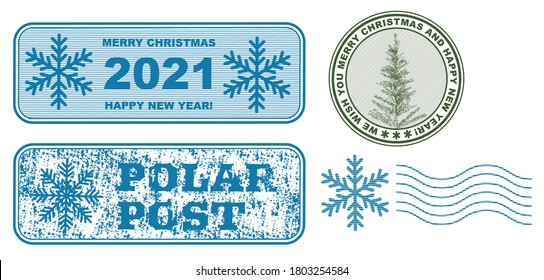 Set of vector stamps., Realistic christmas tree, gift and inscription 2021. Grunge lines surface.