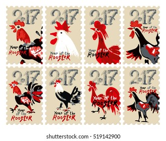 Set of vector stamps Roosters 2017. New Year on the Chinese calendar. Speckled doodle cocks.
