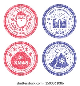Set of vector stamps. Santa Claus full length, Christmas bag, gift and bells in snow.