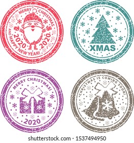 Set of vector stamps. Santa Claus full length, Christmas tree, gift and bells in snow.