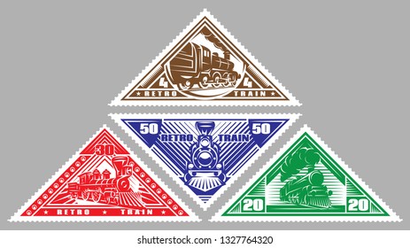 Set of vector stamps templates with retro trains.