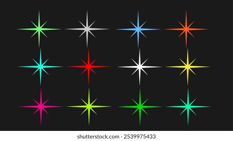 set of vector star glints in various colors like green, blue, red, yellow, white, orange, and pink. Each glint has a symmetrical sparkle effect