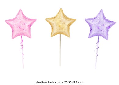 Set of vector  star shaped balloons in watercolor style. 
