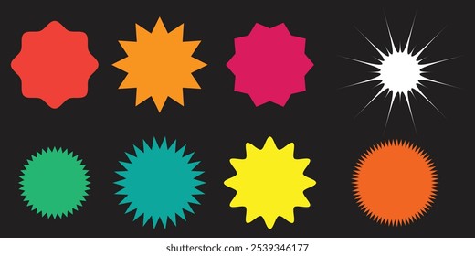 Set of vector starburst. Different color sunburst badges. Set of sale sticker, price tag, starburst, Simple flat style Vintage labels. Design elements. eps10.