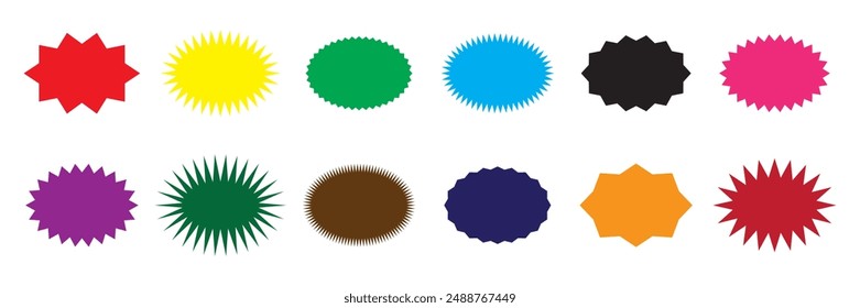 Set of vector starburst icon. Different color sunburst badges. Vector icons on white background. Simple flat style vintage stickers, labels for quality price, price tag. Vector illustration. eps 10.