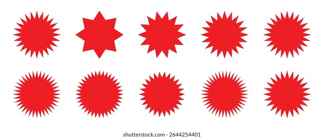 Set of vector starburst, imple flat style vintage labels, stickers. Collection star label, Starburst red sticker set - collection of special offer sale round and oval sunburst labels and buttons. 