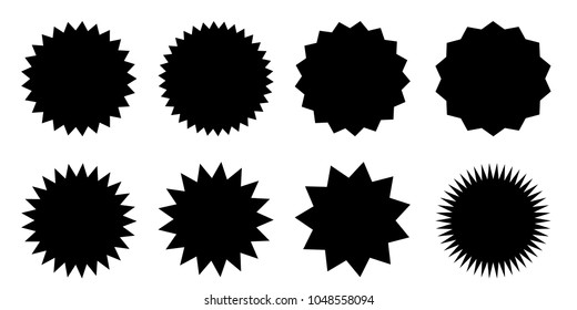 Set of vector starburst, sunburst badges. Black icons on white background. Simple flat style vintage labels, stickers.