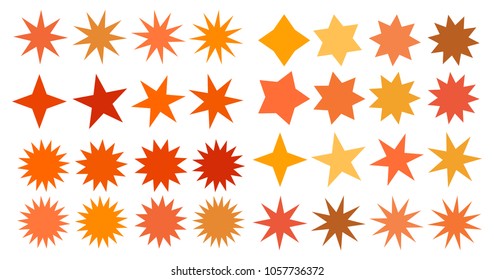 Set of vector starburst, sunburst badges. Collection orange different gradient color. Simple style Vintage labels. Design elements. Colored stickers. Vector illustration eps10 of types and colors icon
