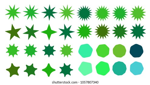 Set of vector starburst, sunburst badges. Collection green different gradient color. Simple style Vintage labels. Design elements. Colored stickers. Vector illustration eps10 of types and colors icon