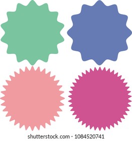Set of vector starburst, sunburst badges. 4 different color. Simple flat style Vintage labels. Design elements. Colored stickers. A collection of different types and colors icon.