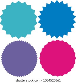 Set of vector starburst, sunburst badges. 4 different color. Simple flat style Vintage labels. Design elements. Colored stickers. A collection of different types and colors icon.