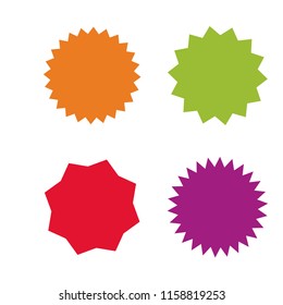 Set of vector starburst, sunburst badges. Four different colors and shapes. Simple flat style Vintage labels. Design elements. Colored stickers. A collection of different types and colors icon.