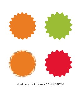 Set of vector starburst, sunburst badges. Four different colors and shapes. Simple flat style Vintage labels. Design elements. Colored stickers. A collection of different types and colors icon.