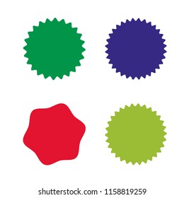 Set of vector starburst, sunburst badges. Four different colors and shapes. Simple flat style Vintage labels. Design elements. Colored stickers. A collection of different types and colors icon.
