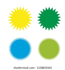 Set of vector starburst, sunburst badges. Four different colors and shapes. Simple flat style Vintage labels. Design elements. Colored stickers. A collection of different types and colors icon.