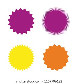 Set of vector starburst, sunburst badges. Four different colors and shapes. Simple flat style Vintage labels. Design elements. Colored stickers. A collection of different types and colors icon