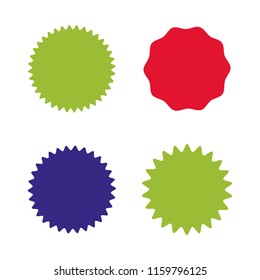 Set of vector starburst, sunburst badges. Four different colors and shapes. Simple flat style Vintage labels. Design elements. Colored stickers. A collection of different types and colors icon