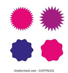 Set of vector starburst, sunburst badges. Four different colors and shapes. Simple flat style Vintage labels. Design elements. Colored stickers. A collection of different types and colors icon