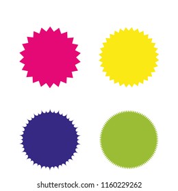 Set of vector starburst, sunburst badges. Four different colors and shapes. Simple flat style Vintage labels. Design elements. Colored stickers. A collection of different types and colors icon