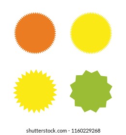 Set of vector starburst, sunburst badges. Four different colors and shapes. Simple flat style Vintage labels. Design elements. Colored stickers. A collection of different types and colors icon