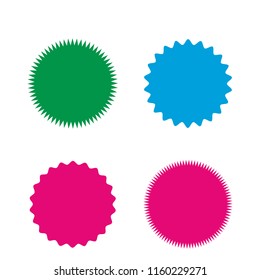 Set of vector starburst, sunburst badges. Four different colors and shapes. Simple flat style Vintage labels. Design elements. Colored stickers. A collection of different types and colors icon