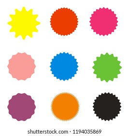 Set von Vektorstarben, Sonnenschutzplaketten. Unterschiedliche Farbe. Einfache, flache Vintage-Etiketten.Designelemente. Farbige Aufkleber. Eine Sammlung verschiedener Typen und Farben Symbol.