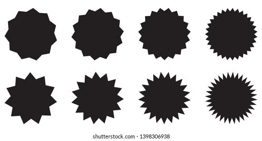 Set of vector starburst, sunburst badges. Black icons on white background. Simple flat style vintage labels, stickers. 