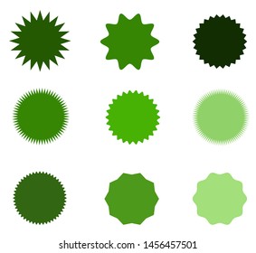 Set of vector starburst, sunburst badges. Nine different shades of green color. Simple flat style Vintage labels. Design elements.