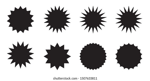 Set of vector starburst, sunburst badges. Black icons on white background. Simple flat style vintage labels, stickers.