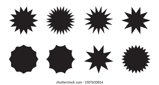 Set of vector starburst, sunburst badges. Black icons on white background. Simple flat style vintage labels, stickers.