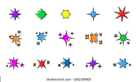 Set of vector starburst, sunburst badges isolated. Simple flat style labels. Design elements. Colored stickers,  icon. A collection of different shapes, types, colors speech bubbles, explosion