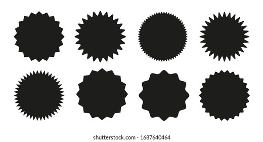 Set of vector starburst, sunburst badges. Black icons on white background. Simple flat style vintage labels, stickers.