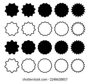 Juego de starburst vectorial, insignias de arrebato de sol. Iconos negros sobre fondo blanco. Sencillas etiquetas vintage de estilo plano, pegatinas.
