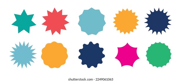 Set of vector starburst, sunburst badges. Multicolor itzons on vgite batskrogrund. Simple flat style vintage labels, stickers. Vector 10 eps.
