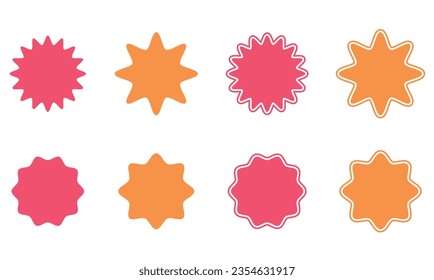 Set of vector starburst, sunburst badges with outline. Vintage labels. Colorful stickers. Set of different icon types and colors. Vector illustration