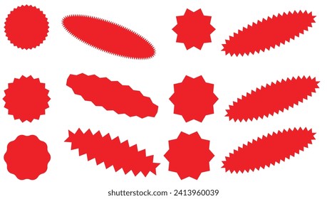Set of vector starburst, sunburst badges. Simple flat style Vintage labels. Design elements. red stickers. A collection of different types and colors icon.