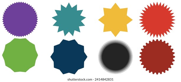 Set of vector starburst, sunburst badges. Nine different color. Simple flat style Vintage labels. Design elements. Colored stickers. A collection of different types and colors icon. eps 10