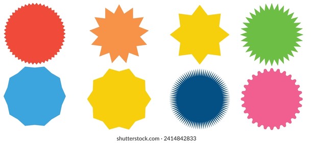 Set of vector starburst, sunburst badges. Nine different color. Simple flat style Vintage labels. Design elements. Colored stickers. A collection of different types and colors icon. eps 10