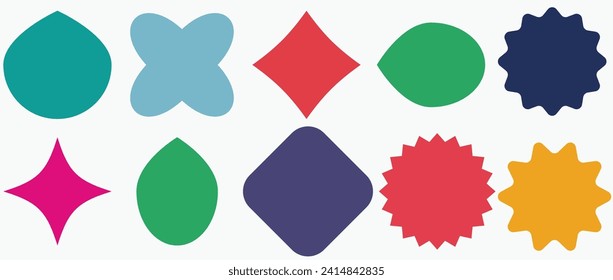 Set of vector starburst, sunburst badges. Nine different color. Simple flat style Vintage labels. Design elements. Colored stickers. A collection of different types and colors icon. eps 10