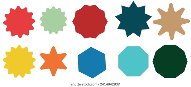 Set of vector starburst, sunburst badges. Nine different color. Simple flat style Vintage labels. Design elements. Colored stickers. A collection of different types and colors icon. eps 10