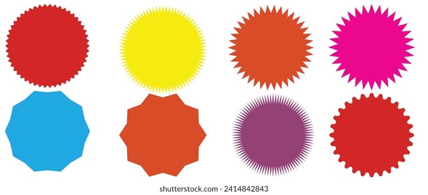 Set of vector starburst, sunburst badges. Nine different color. Simple flat style Vintage labels. Design elements. Colored stickers. A collection of different types and colors icon. eps 10