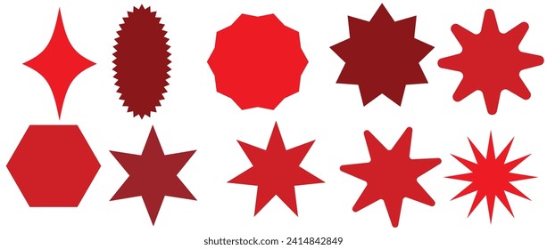 Set of vector starburst, sunburst badges. Nine different color. Simple flat style Vintage labels. Design elements. Colored stickers. A collection of different types and colors icon. eps 10