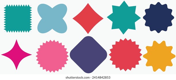 Set of vector starburst, sunburst badges. Nine different color. Simple flat style Vintage labels. Design elements. Colored stickers. A collection of different types and colors icon. eps 10