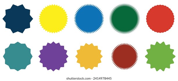 Set of vector starburst, sunburst badges. ten different color. Simple flat style Vintage labels. Design elements. Colored stickers. A collection of different types and colors icon. eps 10 